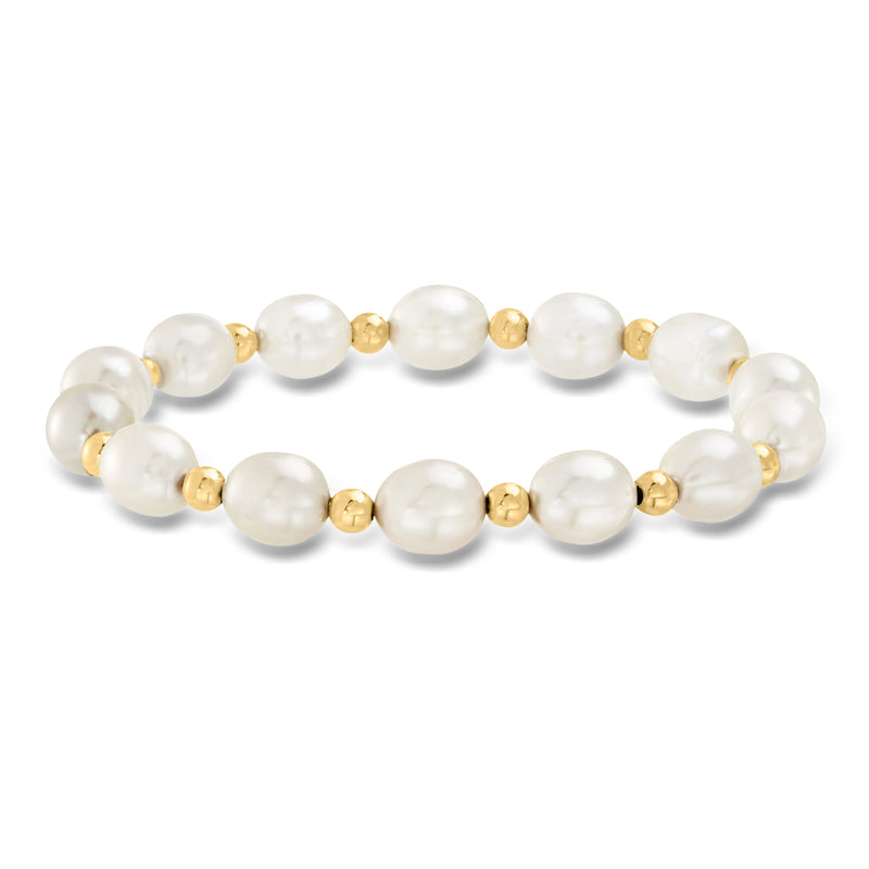 Cultured pearl stretch bracelet with oval pearls and 14kt yellow gold bead accents