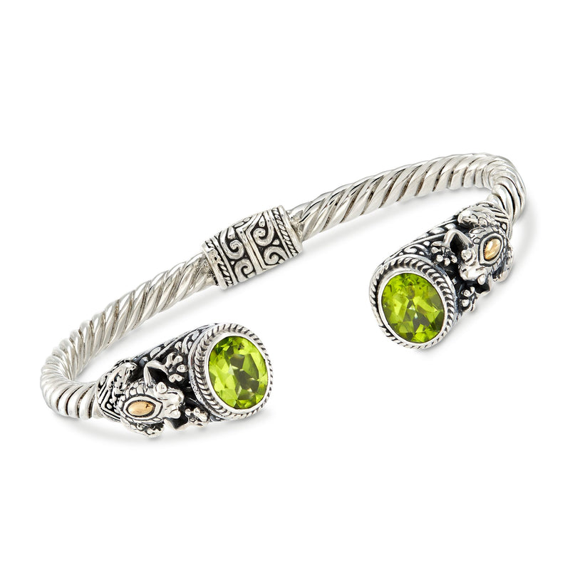 Two-tone sterling silver frog cuff bracelet with green peridot oval stones