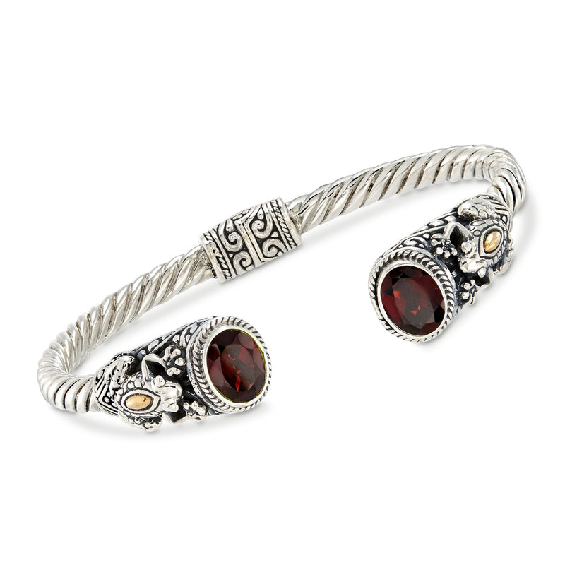 Two-tone sterling silver frog cuff bracelet with oval red garnet-style stones
