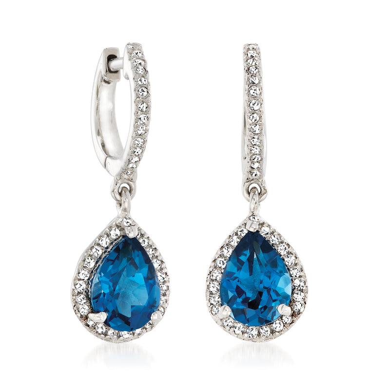 Sterling silver hoop-style drop earrings with blue teardrop gemstone and crystal halo