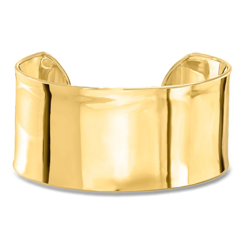 14kt yellow gold wide cuff bracelet, polished smooth open cuff with rounded edges