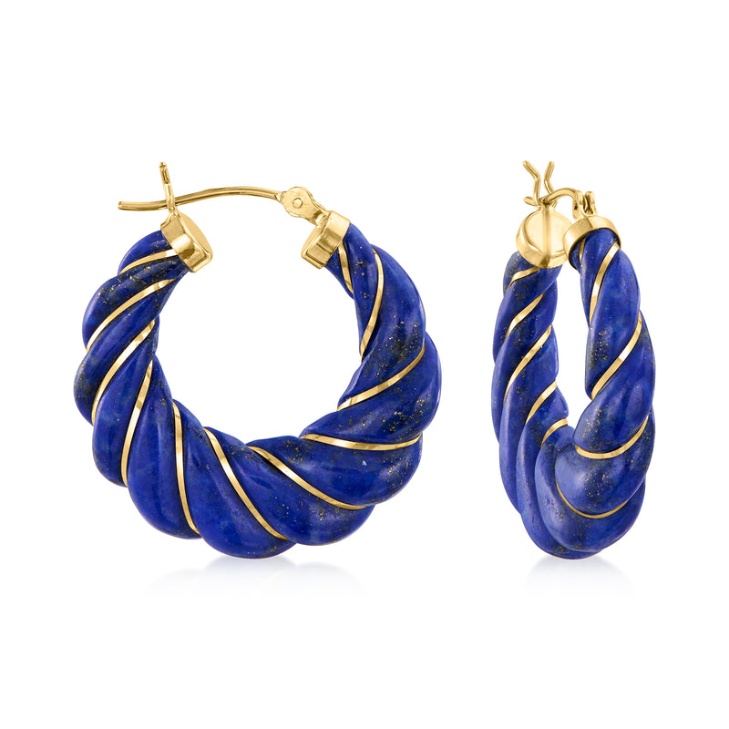 Carved lapis hoop earrings in 14kt yellow gold, blue with gold swirls