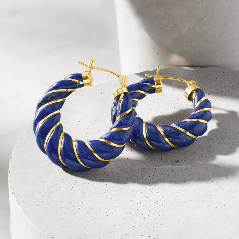 Carved lapis hoop earrings in 14kt yellow gold, blue hoop with spiral inlay
