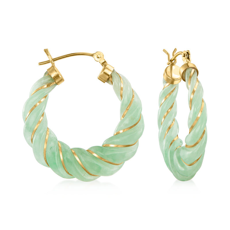 Carved jade hoop earrings with 14kt yellow gold posts, mint green spiral details