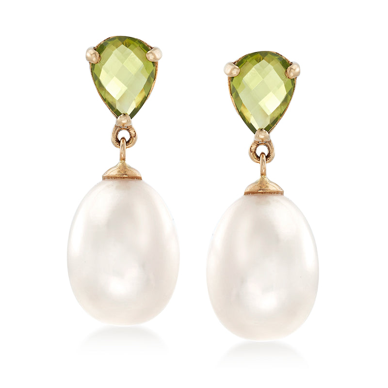 14kt yellow gold peridot and cultured pearl drop earrings, pear-cut peridot on pearled drops