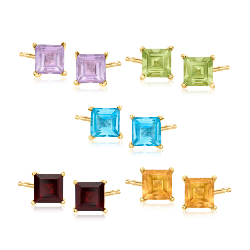 Gold over sterling stud earring set with five pairs, square multicolor gemstones