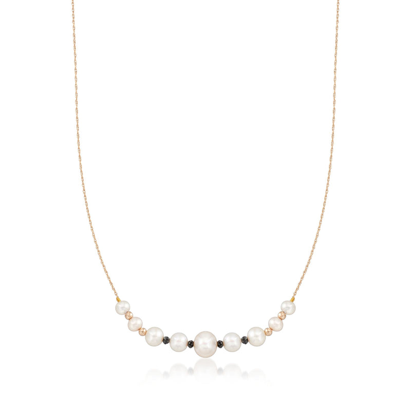 14kt yellow gold necklace with cultured pearls and black diamond accents