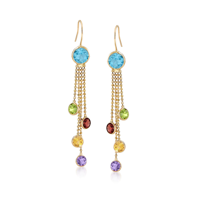14kt yellow gold drop earrings with blue topaz and multicolor dangling gemstones