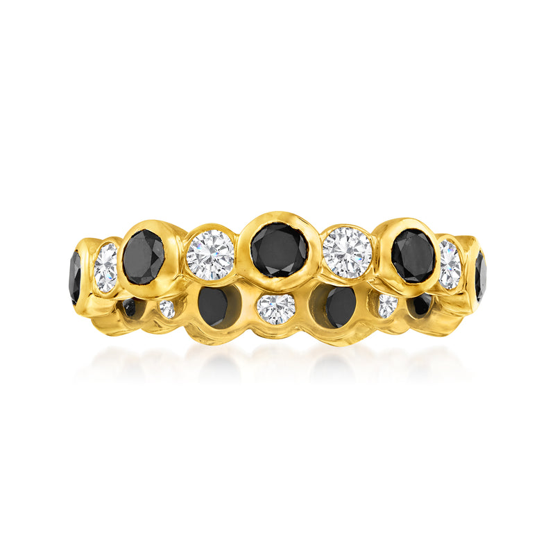 14kt yellow gold diamond eternity band with black and white round stones