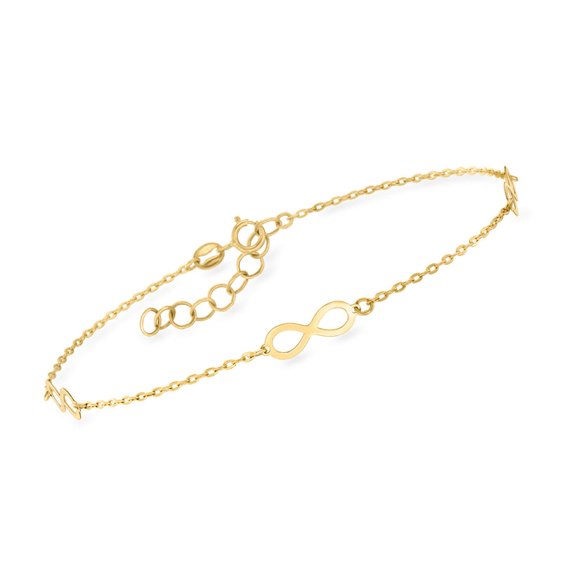 14kt yellow gold infinity station bracelet with linked chain and double infinity charm