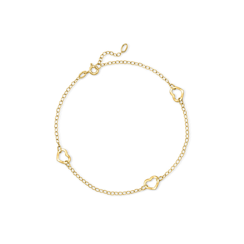 14kt yellow gold heart station anklet with open heart links and spring clasp