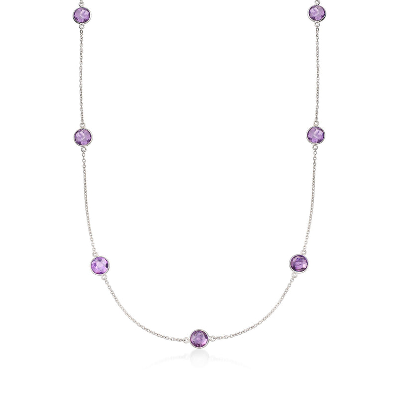 Bezel-set amethyst station necklace with purple gemstones on sterling silver chain