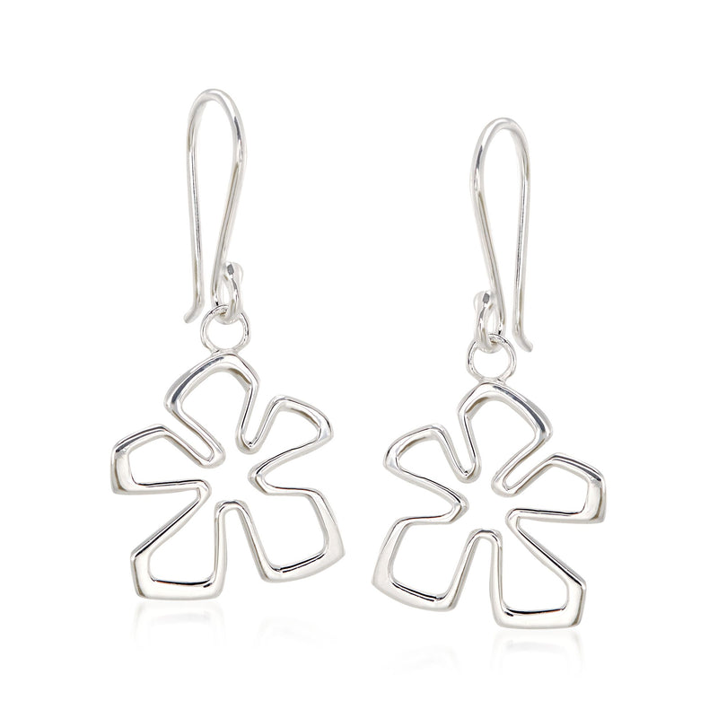Sterling silver drop earrings with stylized flower and tiki-style cutout motif, earwire
