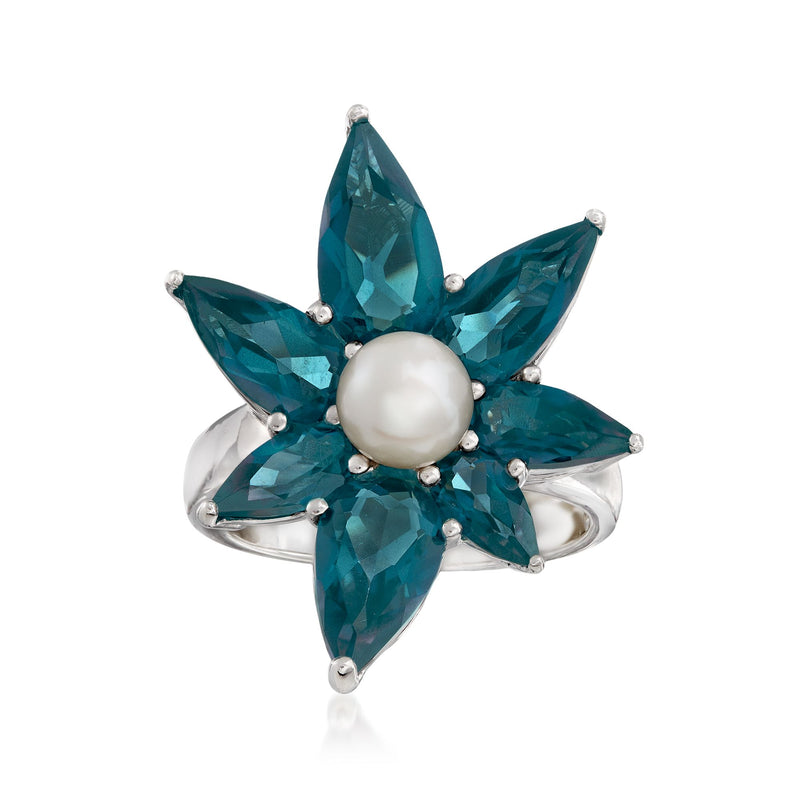 Sterling silver abstract flower ring with blue topaz petals and white cultured pearl
