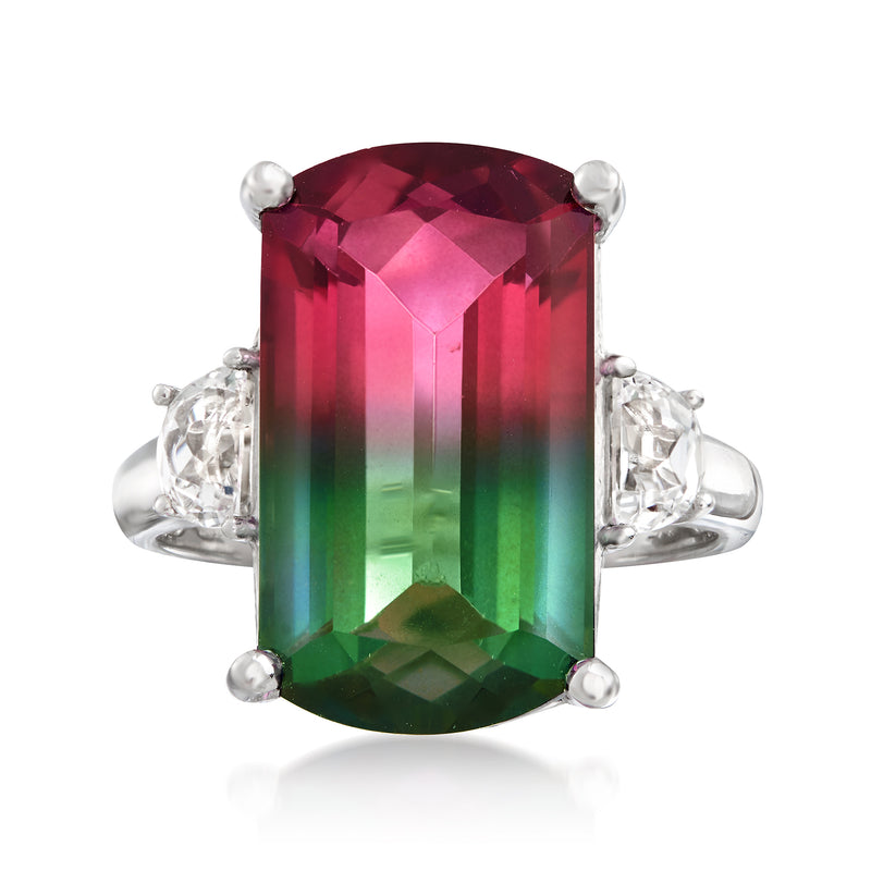 Sterling silver ring with large emerald-cut rainbow quartz center and round side stones