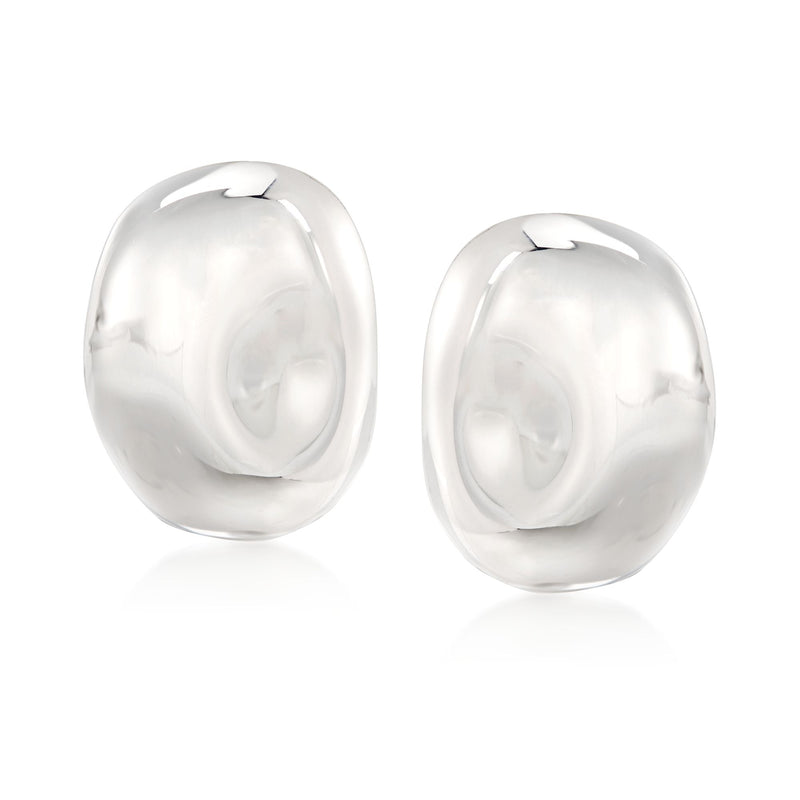 Oval thumbprint clip-on earrings in polished sterling silver, sculpted curved design
