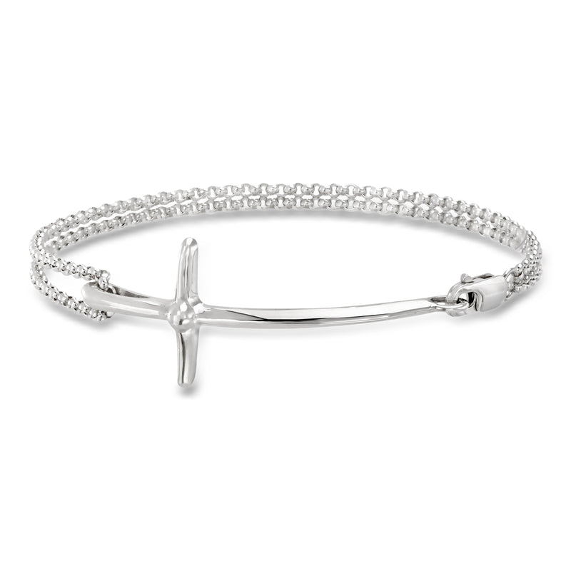 Zina sterling silver sideways cross bracelet, polished, hinged clasp