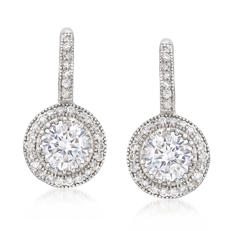 Sterling silver CZ round drop earrings with halo of clear stones and round center stones