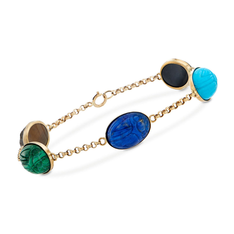 14kt yellow gold gemstone scarab station bracelet with multi-color cabochons