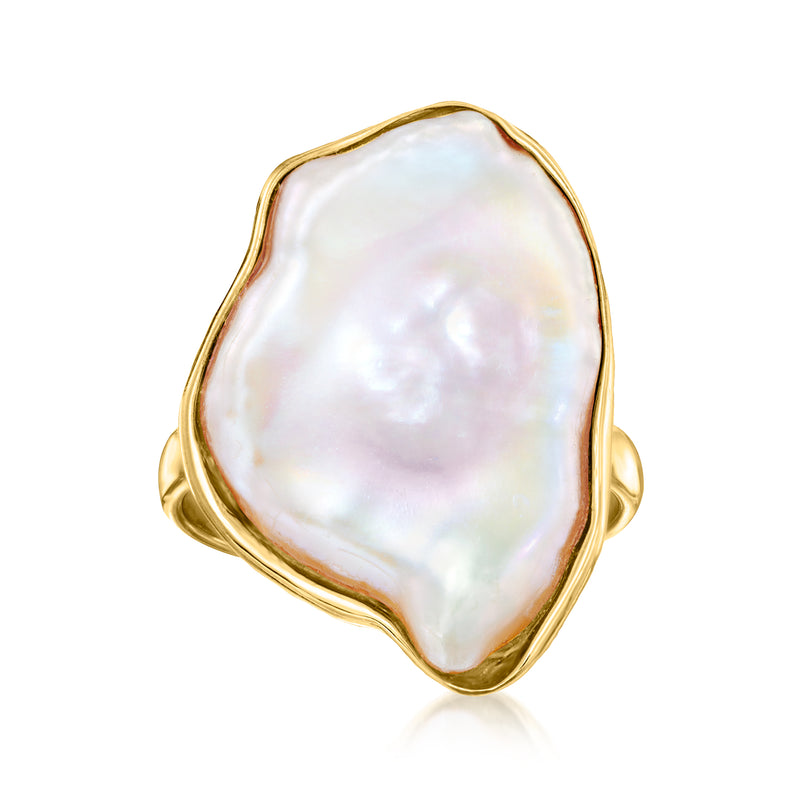 Gold over sterling ring with large iridescent keshi pearl, organic oval shape