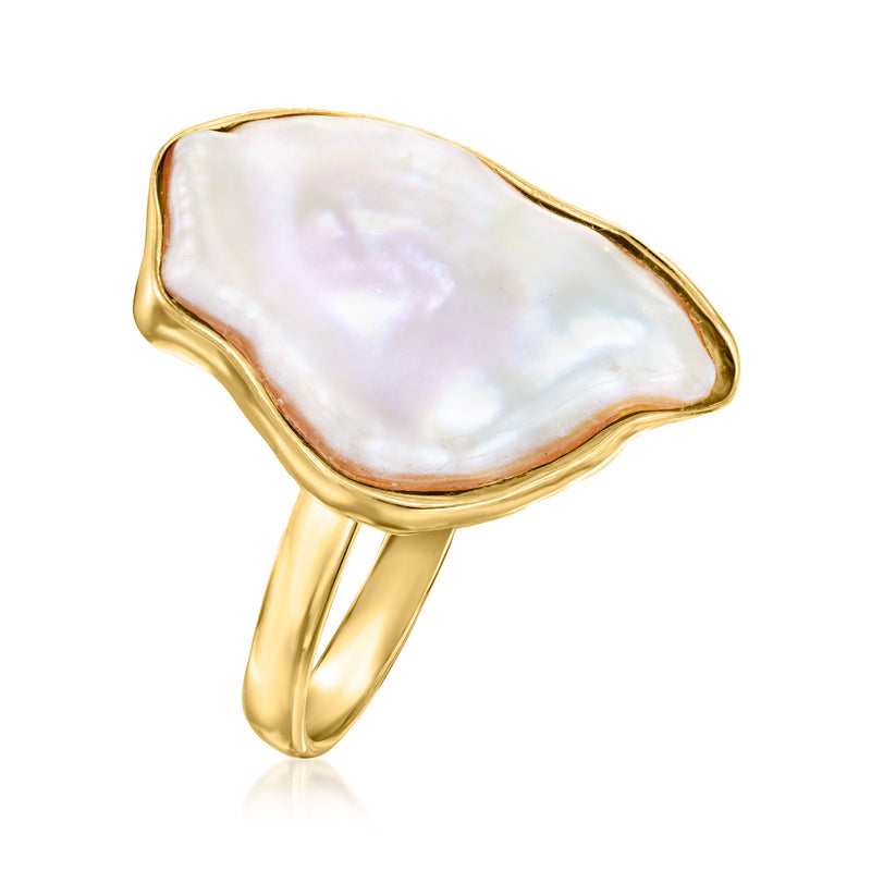 Gold over sterling keshi pearl ring with sculpted setting and iridescent white oval pearl