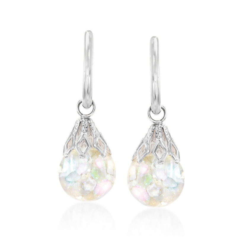 White gold hoop drop earrings with teardrop opal dangle