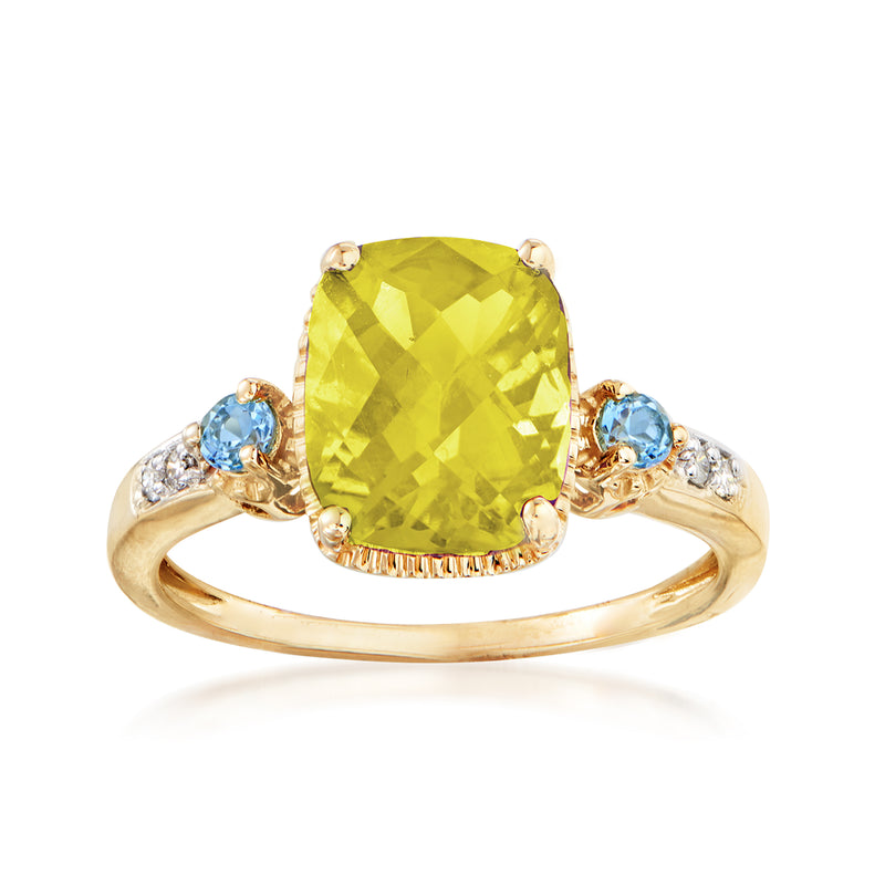 14kt yellow gold ring with lemon quartz center, blue topaz accents, diamond halo