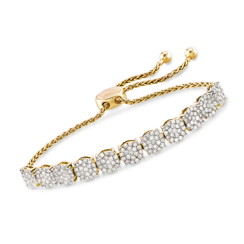 Diamond cluster bolo bracelet in 18kt gold over sterling with adjustable chain