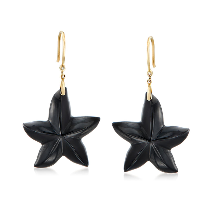 Gold earwire star drop earrings with dark black faceted onyx star