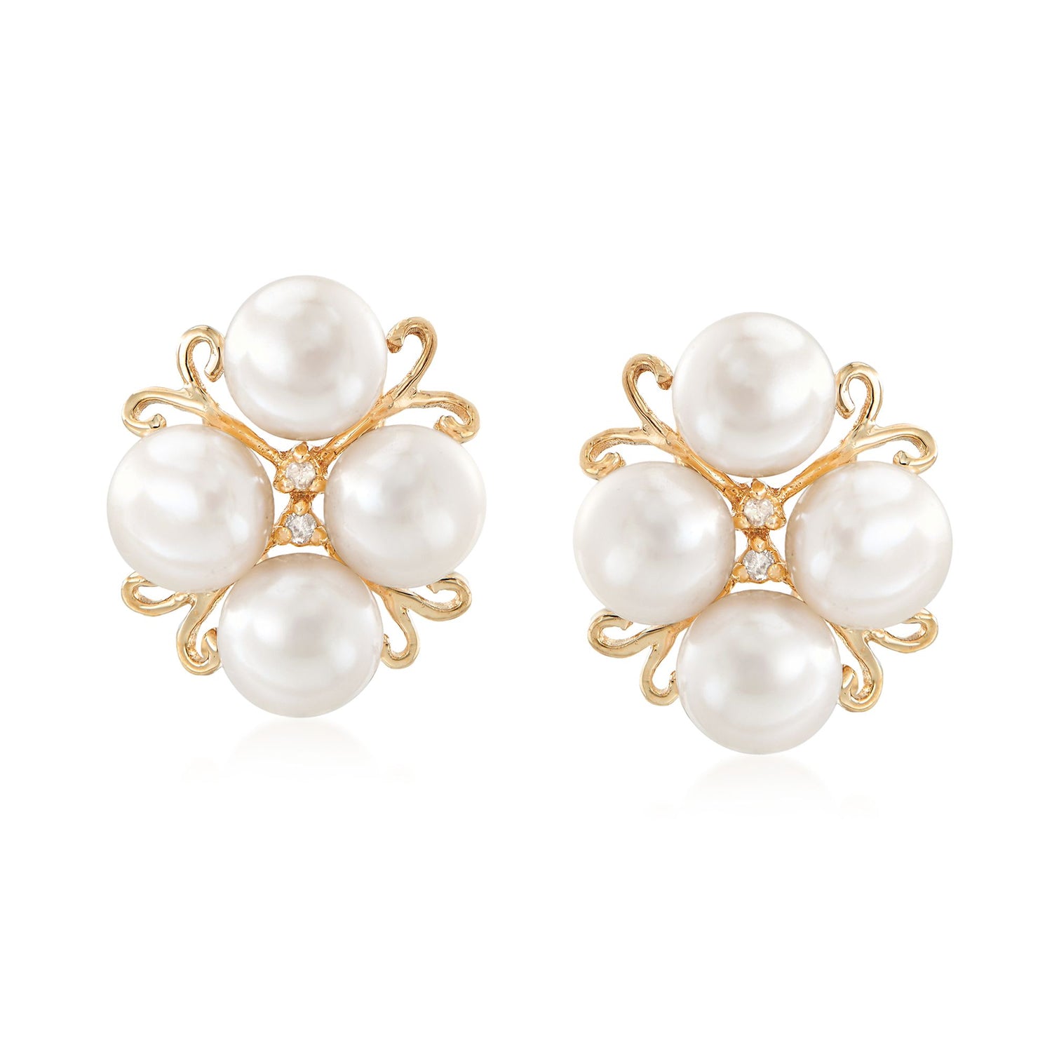 6mm Cultured Pearl Cluster Earrings with Diamonds in 14kt Yellow Gold