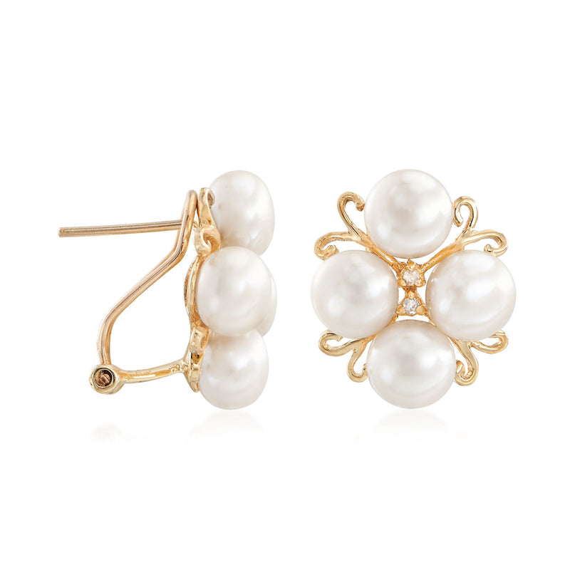 14kt yellow gold pearl cluster earrings with diamond accents, post style