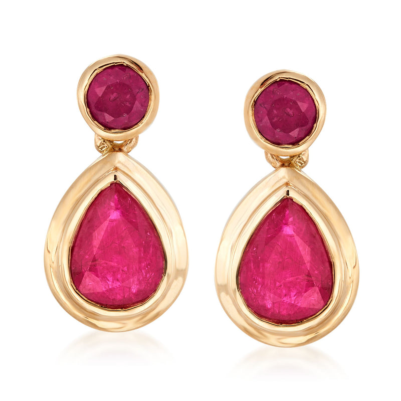 14kt yellow gold drop earrings with ruby round and pear-shaped stones