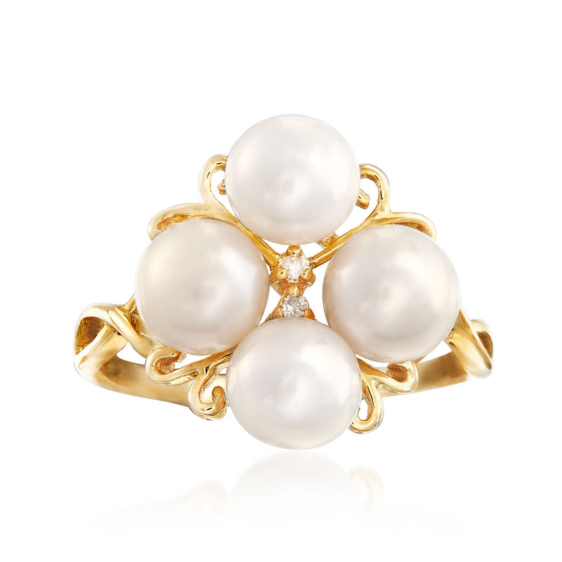 14kt gold cultured pearl cluster ring with four round white pearls and small diamond accents