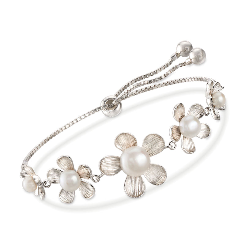 Sterling silver bolo bracelet with cultured pearl flower charms and adjustable chain