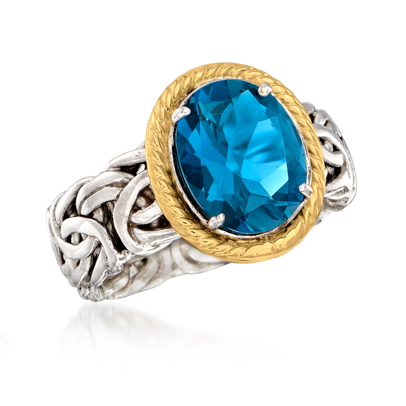 Oval blue gemstone ring with gold bezel frame, silver Byzantine chain links