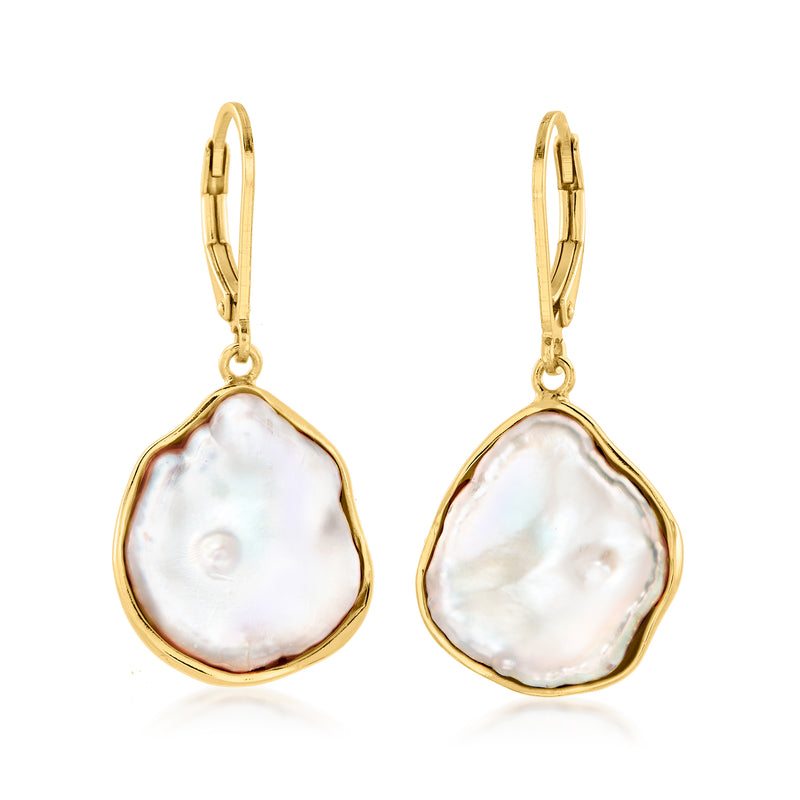 Gold leverback drop earrings with white keshi cultured pearls in teardrop shapes