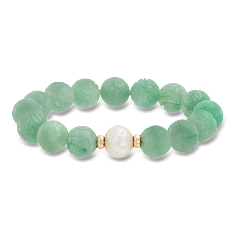 Cultured pearl and jade bead stretch bracelet with white pearl and 14k yellow gold spacers