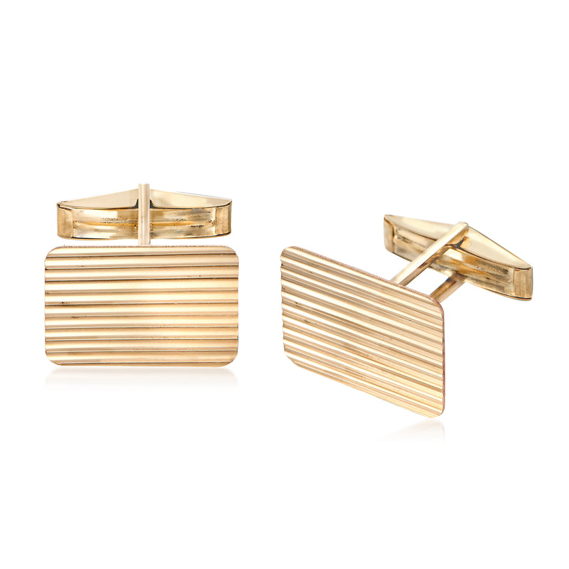 Yellow gold ribbed rectangular cuff links with hinged bar back