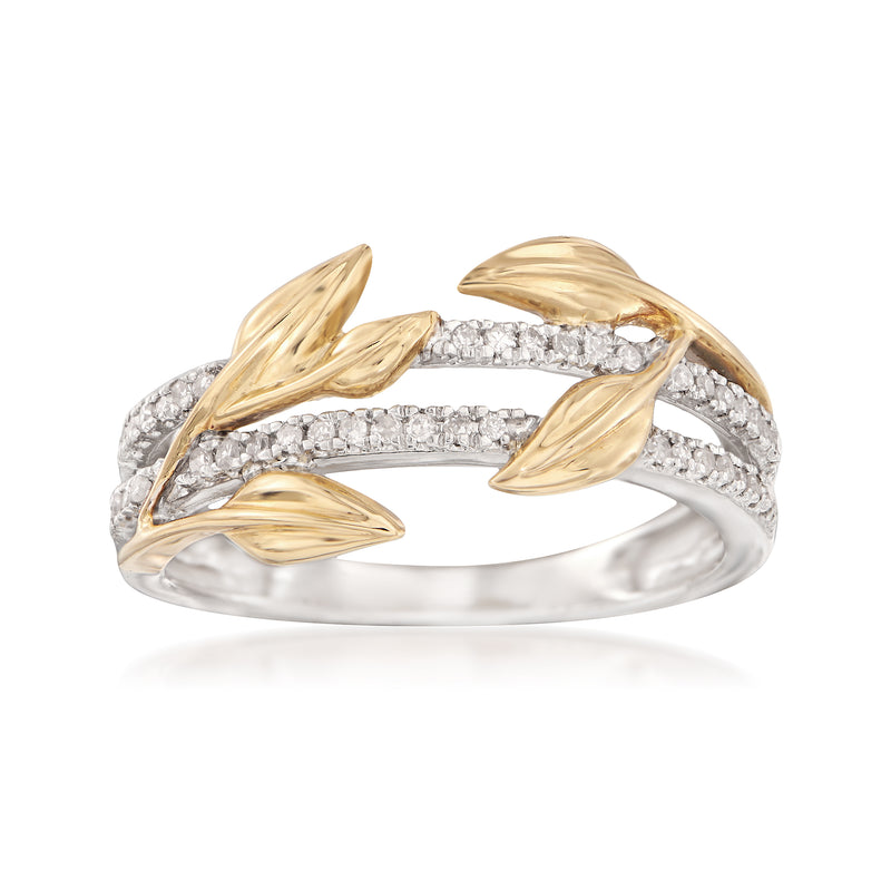 Sterling silver diamond leaf ring with 14kt yellow gold leaf details and pave band