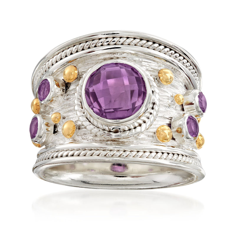 Two-tone sterling silver amethyst ring with oval amethyst center and side gemstones
