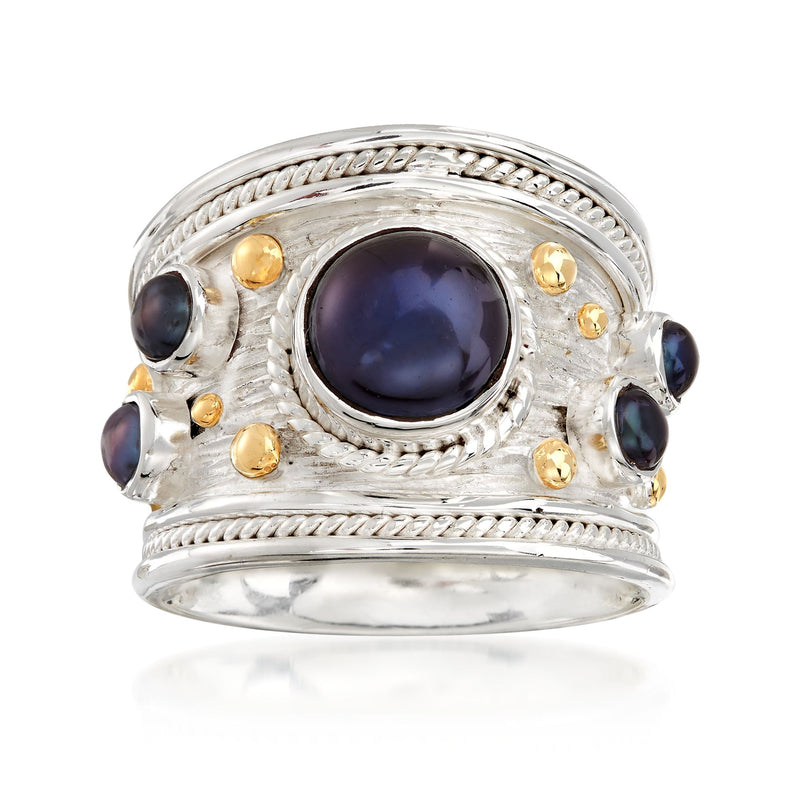 Black cultured pearl ring in sterling silver with gold accents and dark pearls