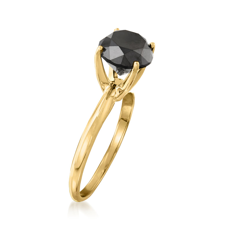 14kt yellow gold solitaire ring with black round center stone, side view