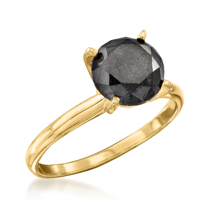 14kt yellow gold solitaire ring with black round center stone and prongs