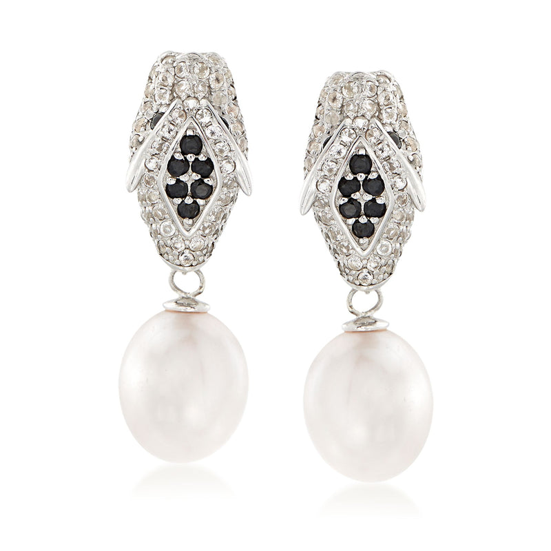 Sterling silver pearl drop earrings with white topaz, black spinels, and panther design