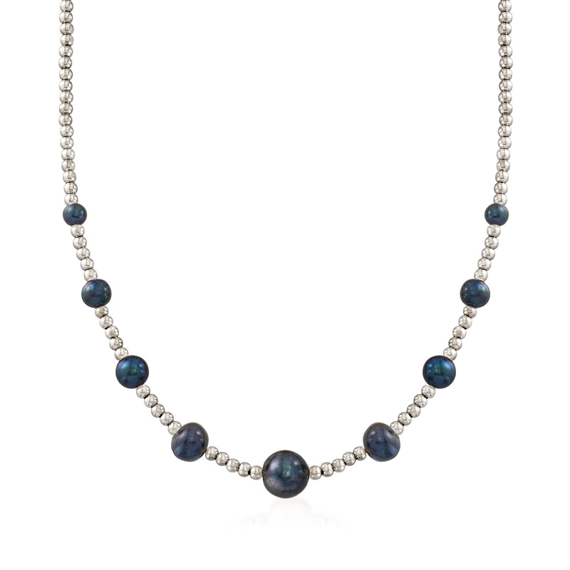 Graduated black cultured pearl bead necklace with sterling silver bead spacing
