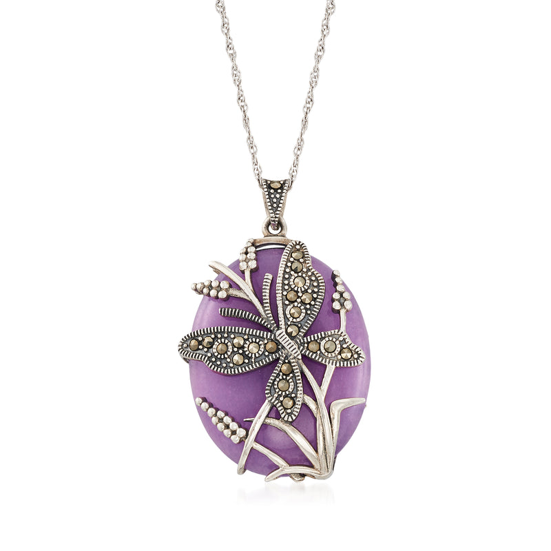 Sterling silver butterfly pendant necklace with purple agate oval and marcasite detailing
