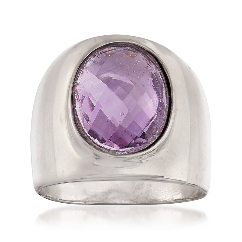 Oval amethyst ring in sterling silver, purple gemstone in bezel setting