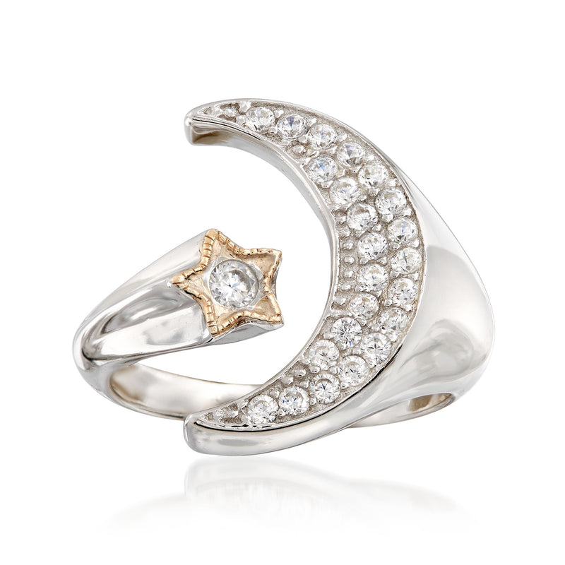 Cuff ring in sterling silver with CZ moon border and gold-accented star center