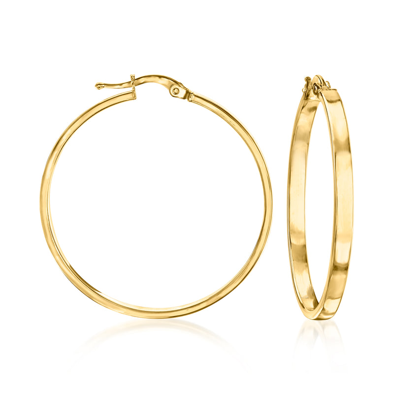 Squared-edge yellow gold hoop earrings with clasp closure, front view