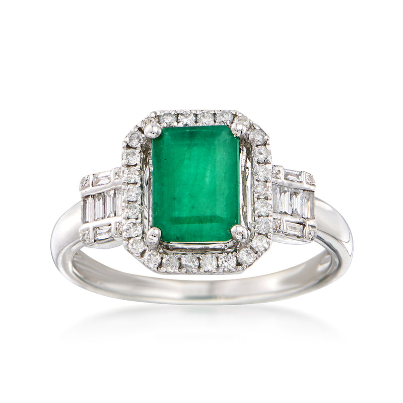 Emerald-cut green gemstone and diamond halo ring in 14kt white gold
